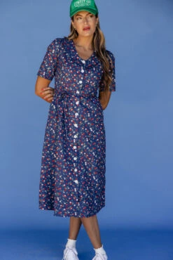 Cherry Print Button Down Midi Dress with Adjustable Waist Tie