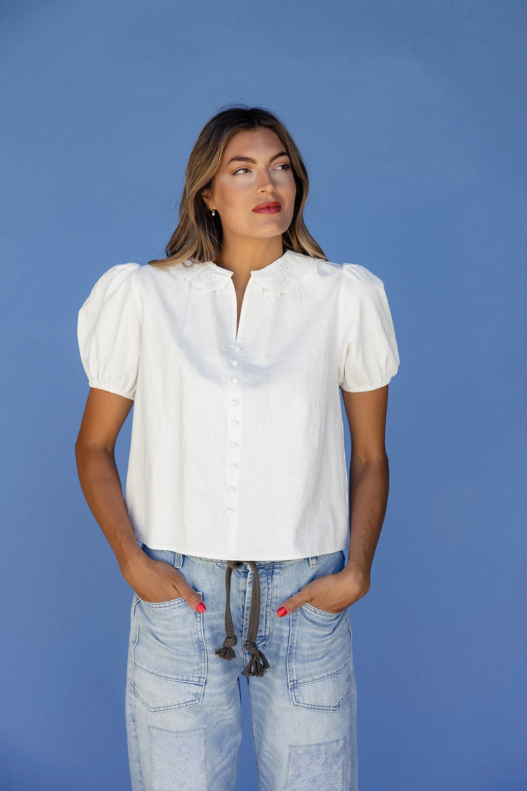 White Puff Sleeve Blouse with Vintage Lace Collar - Elegant Tailored Top 5 White Puff Sleeve Blouse with Vintage Lace Collar - Elegant Tailored Top - Image 3