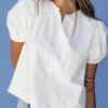 White Puff Sleeve Blouse with Vintage Lace Collar - Elegant Tailored Top