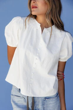 White Puff Sleeve Blouse with Vintage Lace Collar - Elegant Tailored Top