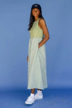 Green Gingham Tank Dress with Pockets - Casual Summer Midi