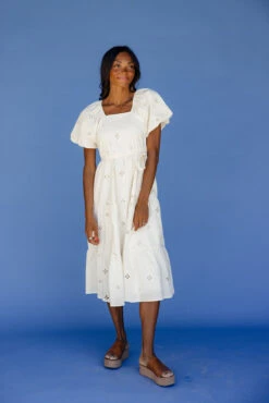 White Eyelet Midi Dress with Puff Sleeves and Tie Waist -ROOLEE FASHION SHOP 028A3835