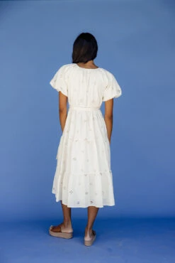 White Eyelet Midi Dress with Puff Sleeves and Tie Waist -ROOLEE FASHION SHOP 028A3836