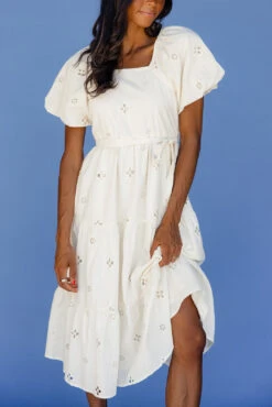 White Eyelet Midi Dress with Puff Sleeves and Tie Waist