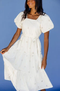 White Eyelet Midi Dress with Puff Sleeves and Tie Waist -ROOLEE FASHION SHOP 028A3888