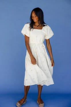 White Eyelet Midi Dress with Puff Sleeves and Tie Waist -ROOLEE FASHION SHOP 028A3894