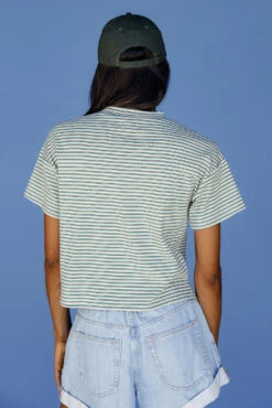 Striped Cropped Tee - Casual Blue & Red Short Sleeve Crewneck Top -ROOLEE FASHION SHOP 028A4024