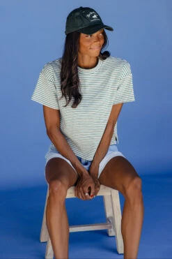 Striped Cropped Tee - Casual Blue & Red Short Sleeve Crewneck Top