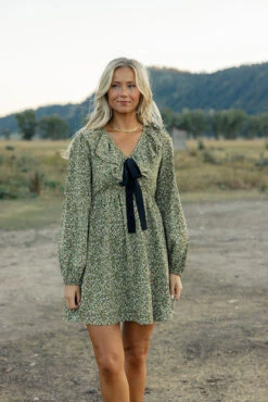 Floral Long Sleeve Bow Dress with Pockets - Fall Ruffle Mini Dress -ROOLEE FASHION SHOP 028A4179