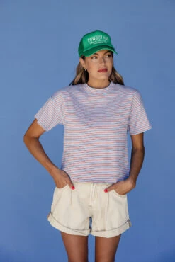 Striped Cropped Tee - Casual Blue & Red Short Sleeve Crewneck Top -ROOLEE FASHION SHOP 028A4185