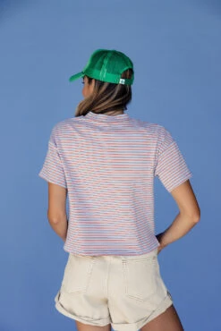 Striped Cropped Tee - Casual Blue & Red Short Sleeve Crewneck Top -ROOLEE FASHION SHOP 028A4188