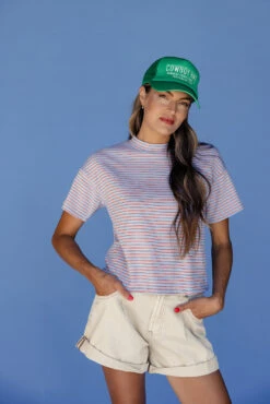 Striped Cropped Tee - Casual Blue & Red Short Sleeve Crewneck Top -ROOLEE FASHION SHOP 028A4200