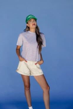 Striped Cropped Tee - Casual Blue & Red Short Sleeve Crewneck Top -ROOLEE FASHION SHOP 028A4202