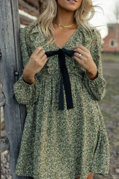 Floral Long Sleeve Bow Dress with Pockets - Fall Ruffle Mini Dress -ROOLEE FASHION SHOP 028A4238