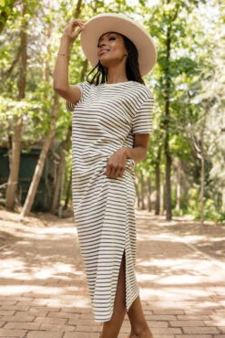 Striped Knit Midi Dress with Side Slit - Comfortable Boxy Fit -ROOLEE FASHION SHOP 028A4889
