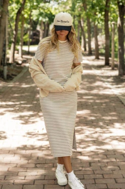 Striped Knit Midi Dress with Side Slit - Comfortable Boxy Fit -ROOLEE FASHION SHOP 028A5046