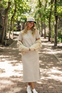 Striped Knit Midi Dress with Side Slit - Comfortable Boxy Fit -ROOLEE FASHION SHOP 028A5061