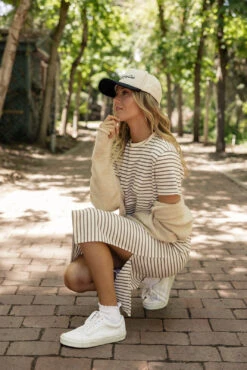 Striped Knit Midi Dress with Side Slit - Comfortable Boxy Fit -ROOLEE FASHION SHOP 028A5064