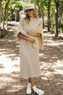 Striped Knit Midi Dress with Side Slit - Comfortable Boxy Fit -ROOLEE FASHION SHOP 028A5084