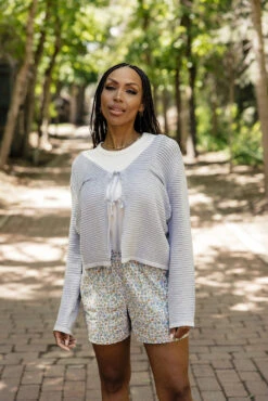 Blue Open Knit Tie Front Cardigan - Ellis Island Summer Layer -ROOLEE FASHION SHOP 028A5206