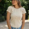 Ribbed Knit Button-Down Tee - Women's Stretchy Short Sleeve Top