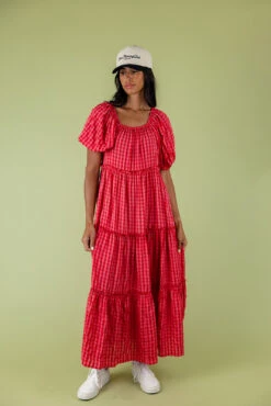 Gingham Tiered Maxi Dress with Puff Sleeves - Audie -ROOLEE FASHION SHOP 028A6072