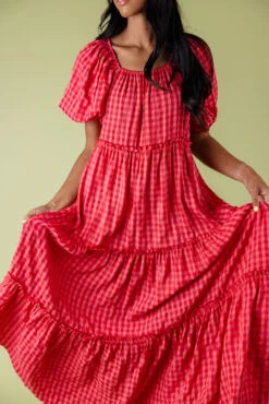 Gingham Tiered Maxi Dress with Puff Sleeves - Audie -ROOLEE FASHION SHOP 028A6085