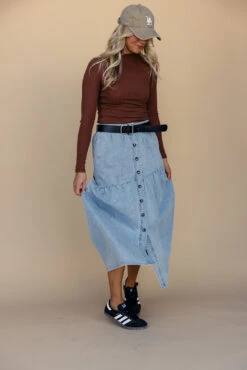 Gathered Seam Denim Skirt with Pockets and Elastic Waistband -ROOLEE FASHION SHOP 028A6630