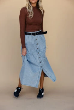 Gathered Seam Denim Skirt with Pockets and Elastic Waistband -ROOLEE FASHION SHOP 028A6633