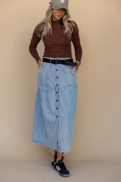 Gathered Seam Denim Skirt with Pockets and Elastic Waistband -ROOLEE FASHION SHOP 028A6653