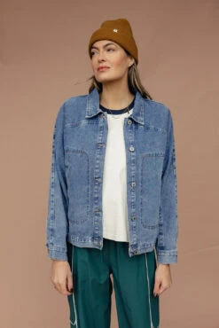 Denim Jacket with Pleated Details - Medium Weight Women's Outerwear -ROOLEE FASHION SHOP 028A6807