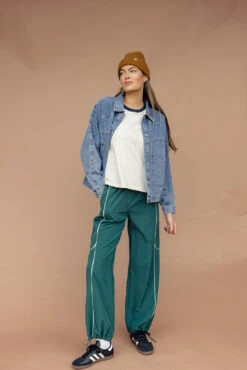 Denim Jacket with Pleated Details - Medium Weight Women's Outerwear -ROOLEE FASHION SHOP 028A6814