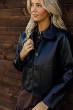 Faux Leather Button Down Jacket with Pockets - Violet Style