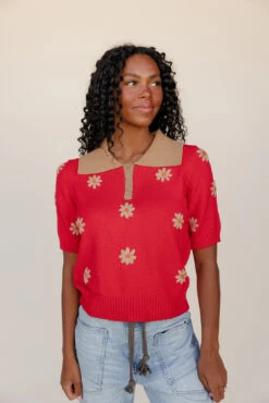 Retro Red Floral Short Sleeve Collared Knit Sweater -ROOLEE FASHION SHOP 028A7359