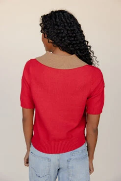 Retro Red Floral Short Sleeve Collared Knit Sweater -ROOLEE FASHION SHOP 028A7361