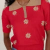 Retro Red Floral Short Sleeve Collared Knit Sweater -ROOLEE FASHION SHOP 028A7366
