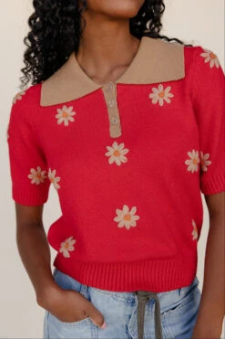 Retro Red Floral Short Sleeve Collared Knit Sweater