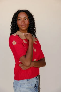 Retro Red Floral Short Sleeve Collared Knit Sweater -ROOLEE FASHION SHOP 028A7377 a58458c3 dd57 4798 bde0 4521e949e457