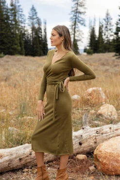 Brandi Wrap Sweater Dress - Ribbed Knit Midi with Tie Waist