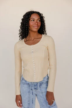 Yellow Ribbed Knit Long Sleeve Top with Snap Buttons -ROOLEE FASHION SHOP 028A7587