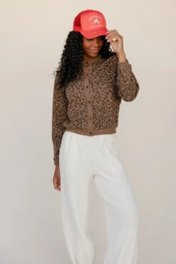 Leopard Print Cropped Cardigan - Soft Brown Button-Down Sweater