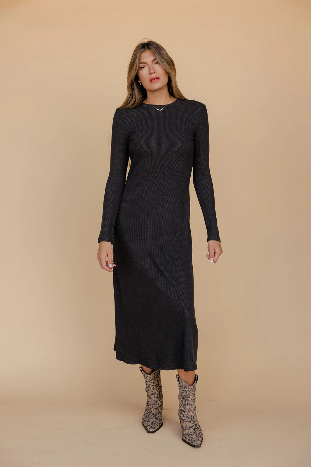 Long Sleeve Ribbed Midi Dress - Shadow and Smoke Fitted Bodycon 4 Long Sleeve Ribbed Midi Dress - Shadow and Smoke Fitted Bodycon - Image 2
