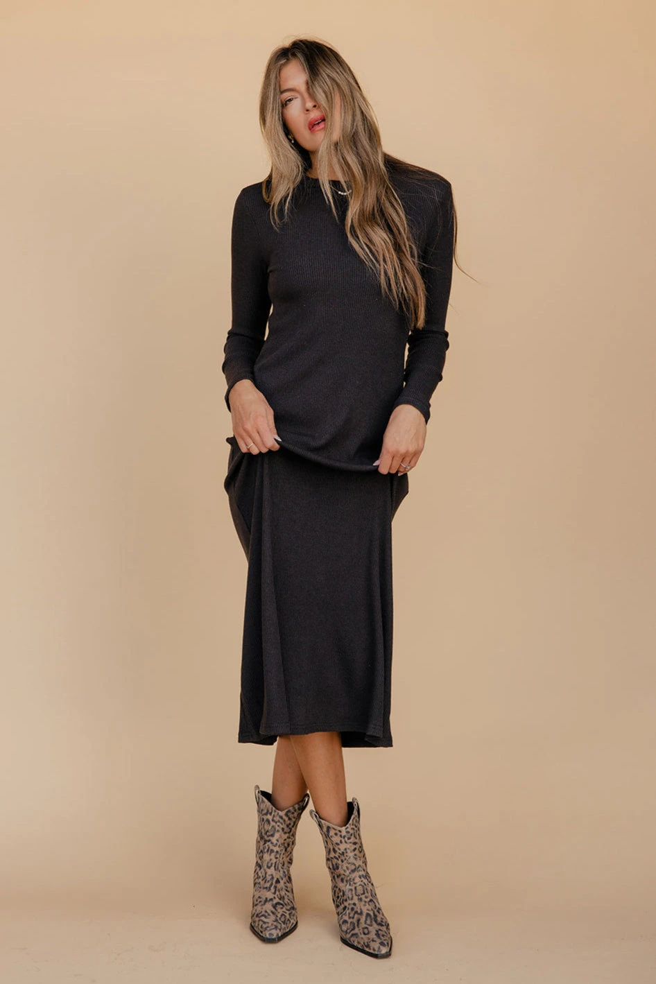 Long Sleeve Ribbed Midi Dress - Shadow and Smoke Fitted Bodycon 5 Long Sleeve Ribbed Midi Dress - Shadow and Smoke Fitted Bodycon - Image 3