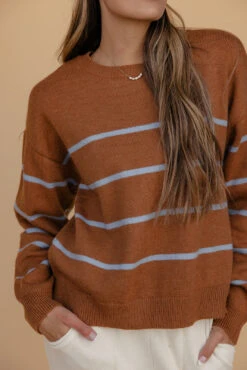 Camel Striped Relaxed Fit Knit Sweater with Drop Shoulder -ROOLEE FASHION SHOP 028A7880