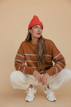 Camel Striped Relaxed Fit Knit Sweater with Drop Shoulder -ROOLEE FASHION SHOP 028A7886 c5a33270 5aea 49ae a1eb 799096ebc9f8