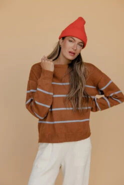 Camel Striped Relaxed Fit Knit Sweater with Drop Shoulder -ROOLEE FASHION SHOP 028A7895 fb0782a3 d2e0 497c 933b 14dee8fd4eba