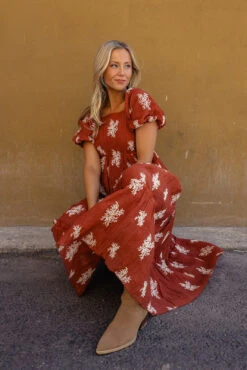 Rust Floral Embroidered Maxi Dress with Puff Sleeves and Cinch Waist -ROOLEE FASHION SHOP 028A7925