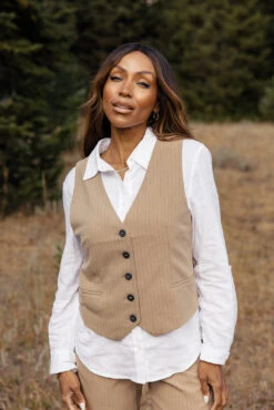 Tailored Pinstripe Vest - Structured Professional Office Waistcoat -ROOLEE FASHION SHOP 028A8134