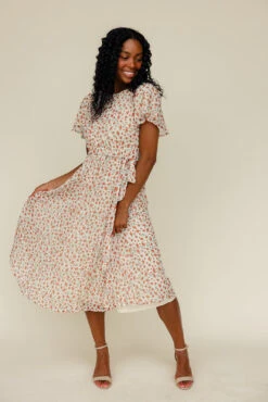 Floral Flutter Sleeve Dress - Elegant Pleated Midi for Events