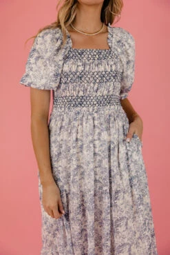 Jonesy Smocked Midi Dress with Swiss Dots and Pockets -ROOLEE FASHION SHOP 028A8769